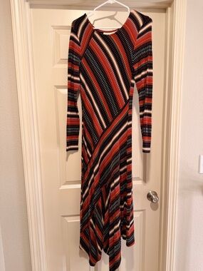 Maeve Striped Long Sleeve Midi Dress in Rust and Black